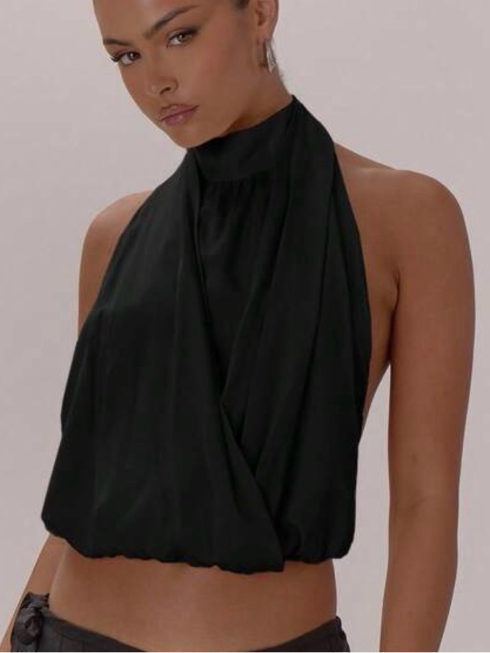 Black Halter Bubble Top with Tie Detail